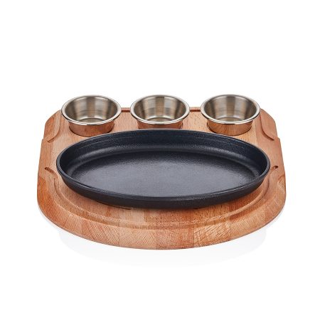 ABM  Cast Iron Oval Fajita Pan (23×14 cm) with Wooden Trivet