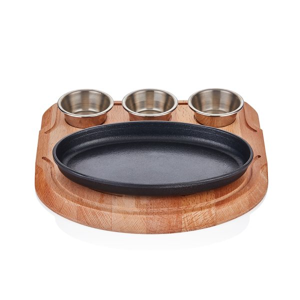 ABM  Cast Iron Oval Fajita Pan (23×14 cm) with Wooden Trivet