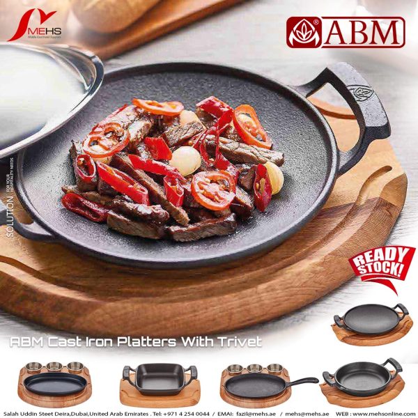 ABM Cast Iron Oval Fajita Skillet (24×17 cm) with Wooden Trivet - Image 4