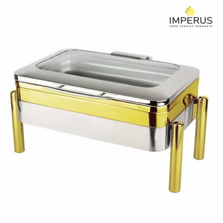 Imperus Rectangle – Glass Lid Vision – Induction Chafing Dish – Gold Plated Legs