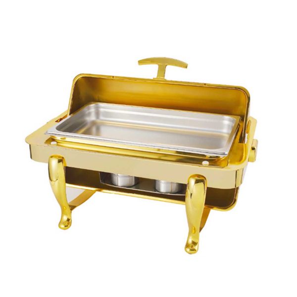 Imperus Stainless Steel Gold-Plated Rolltop Rectangular Chafing Dish – 8.3 Litre