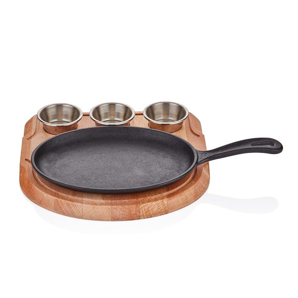 ABM Cast Iron Oval Fajita Skillet (24×17 cm) with Wooden Trivet