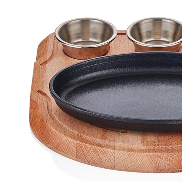 ABM  Cast Iron Oval Fajita Pan (23×14 cm) with Wooden Trivet - Image 2