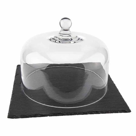 ILSA Natural Slate Square Serving Platter with Glass Dome – 25x25 cm Base, 15 cm Dome Height