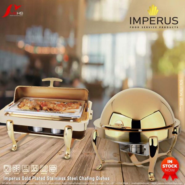 Imperus Stainless Steel Gold-Plated Rolltop Rectangular Chafing Dish – 8.3 Litre - Image 2