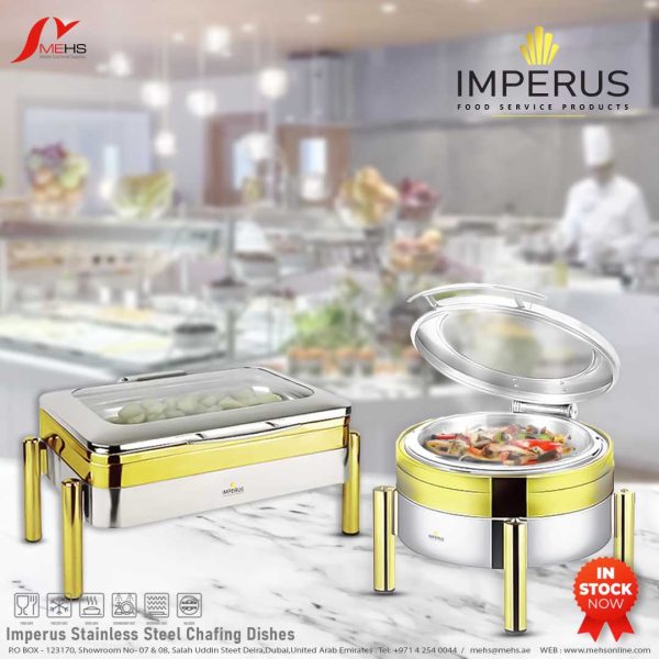Imperus Rectangle – Glass Lid Vision – Induction Chafing Dish – Gold Plated Legs - Image 2
