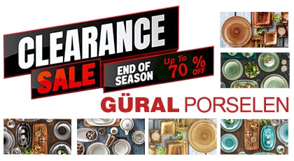 Advertisement banner for GÜRAL PORSELEN clearance sale with up to 70% off and images of porcelain dinnerware showpieces in the collage.